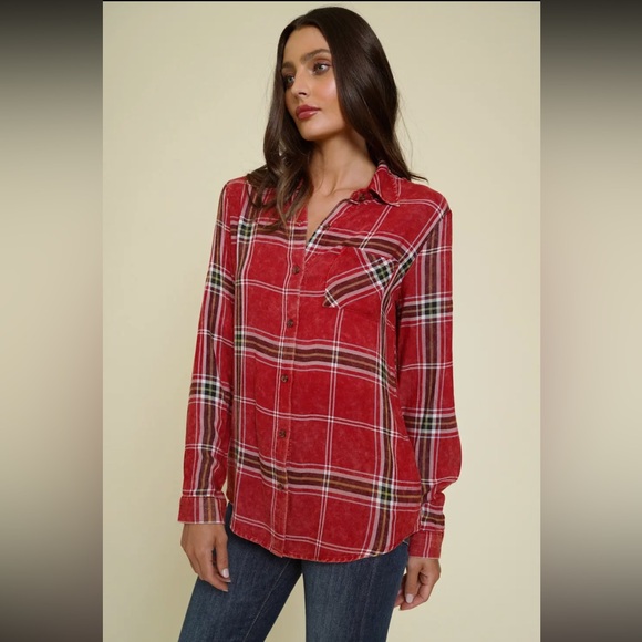 268.Plaid Button Down Shirt Washed Red Rayon Layering S M & L Available NEW Item - Picture 3 of 7